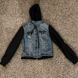 Woman’s Small Jean jacket with Black Sweatshirt sleeves